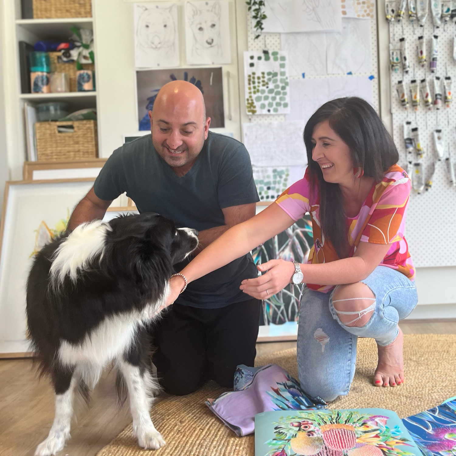 Artist Sarah Migliaccio with Husband + Ruby Australian Shepherd 